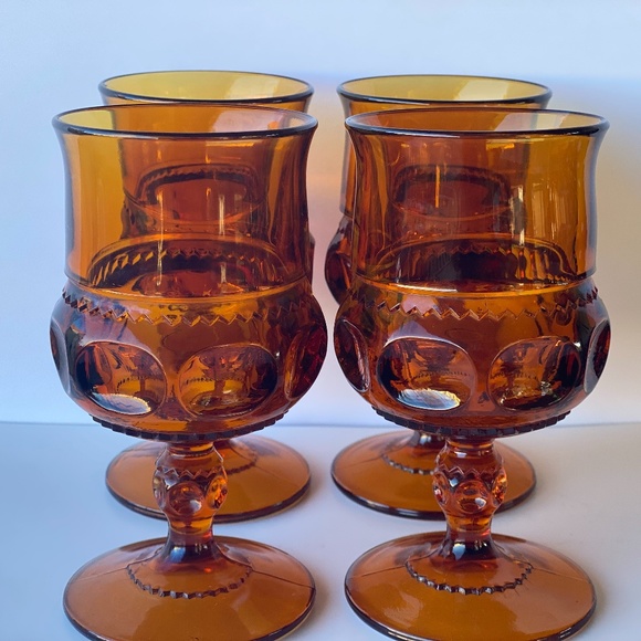 1960s Amber Set of 4 King’s Crown Thumbprint Wine Goblets - Picture 2 of 7